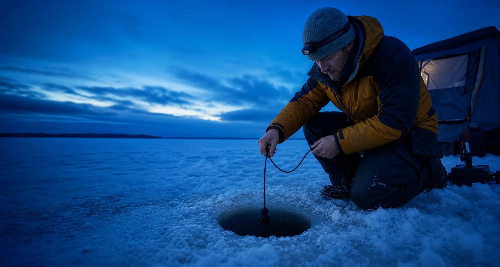 Angler lowering an underwater camera cable through an ice-fishing hole