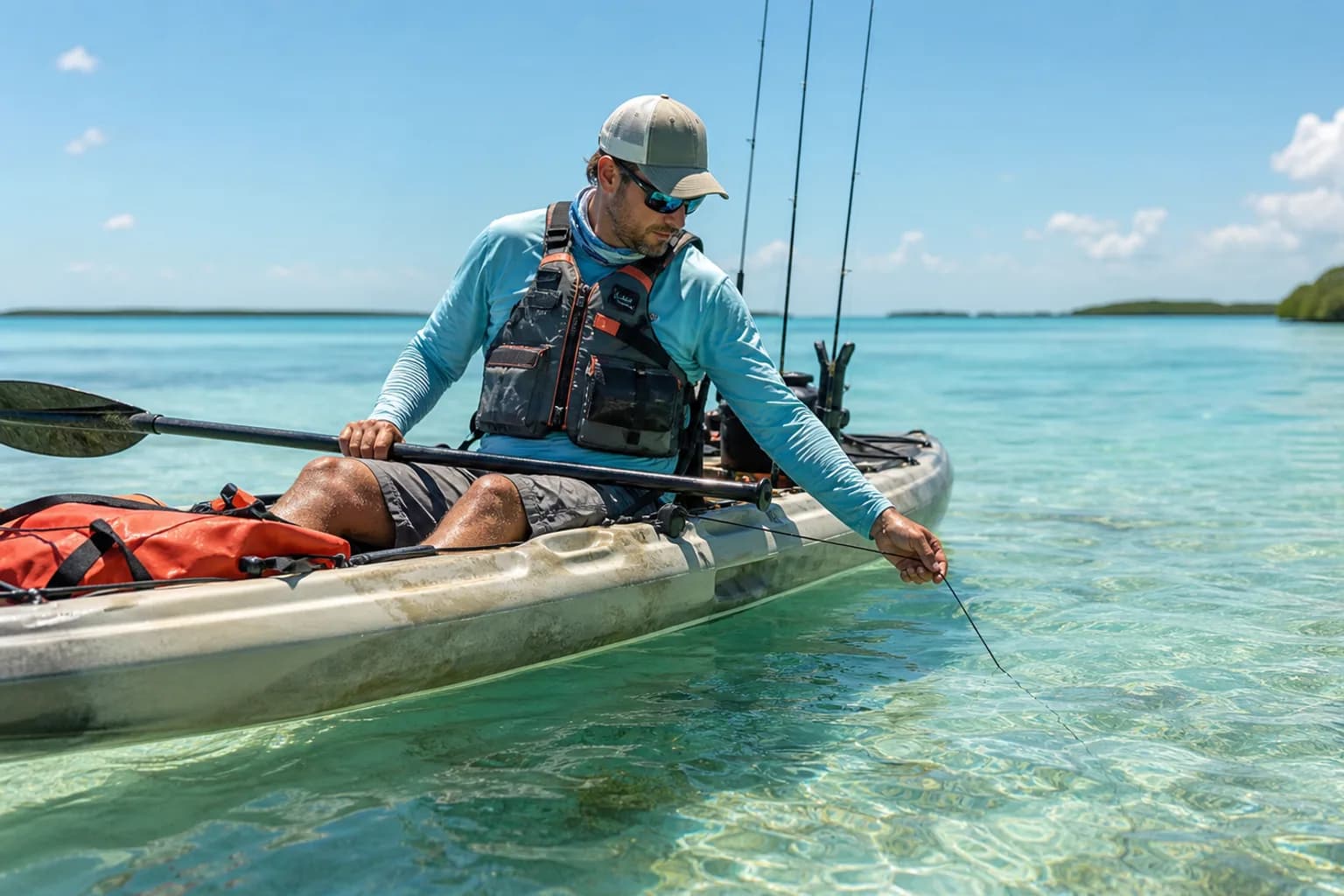 Angler deploying an underwater camera cable from a fishing kayak on tropical flats