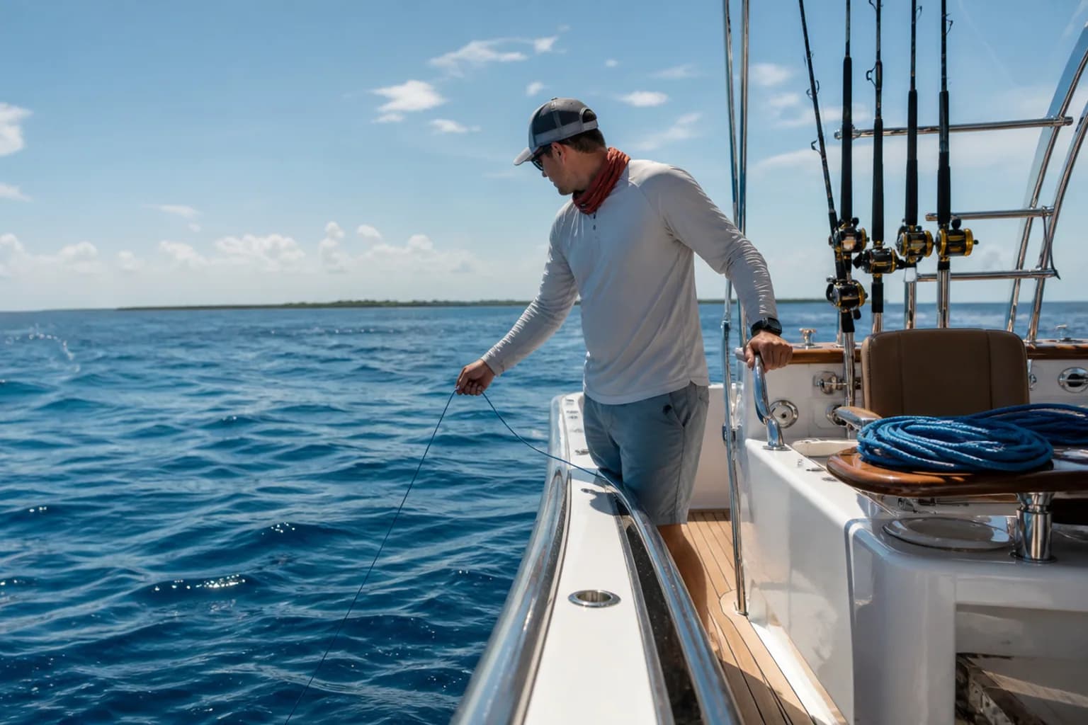 Anglers deploying a generic underwater camera cable from a premium fishing boat in the Florida Keys
