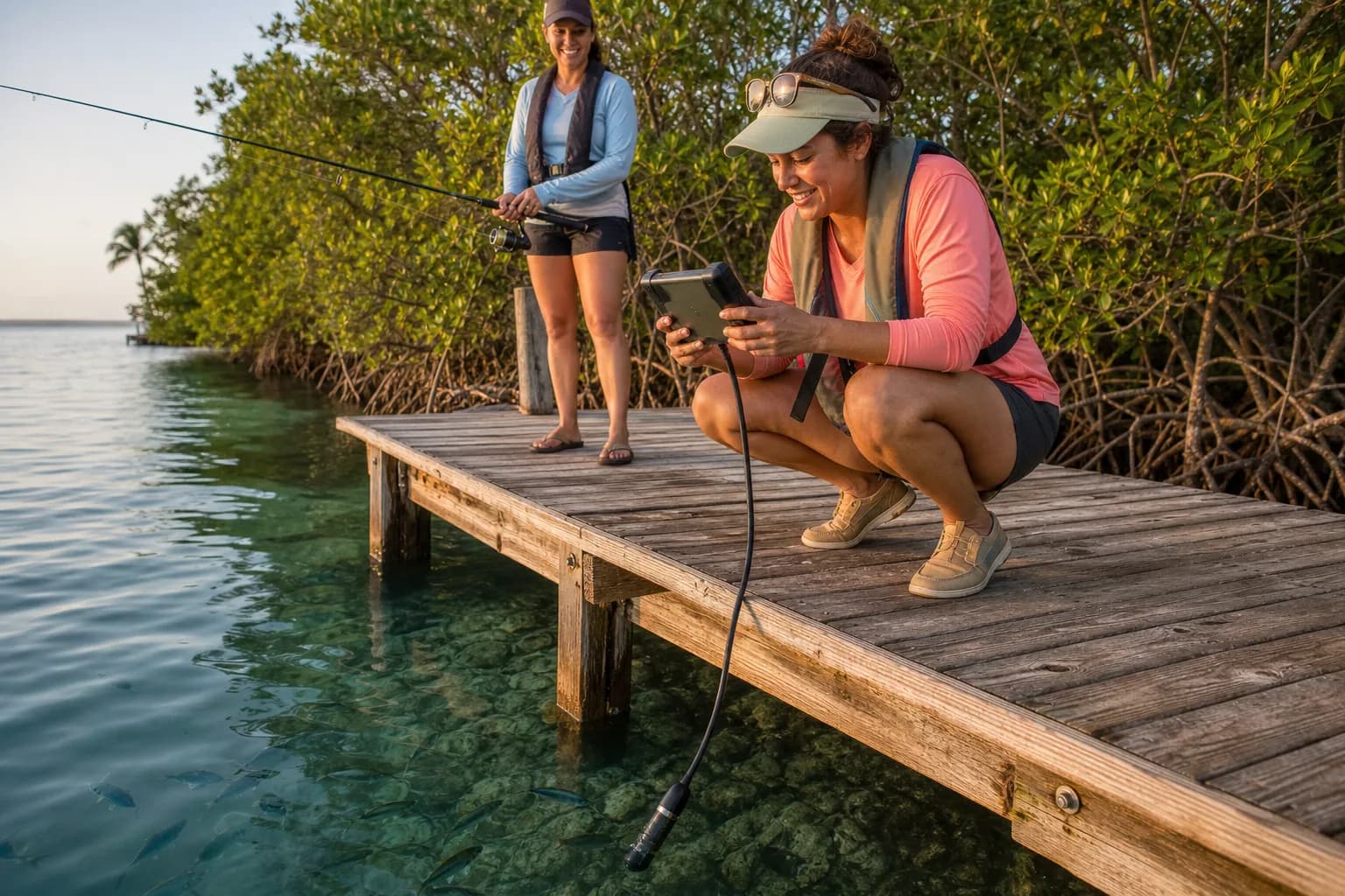 Two women fishing from a mangrove dock while viewing an underwater camera monitor