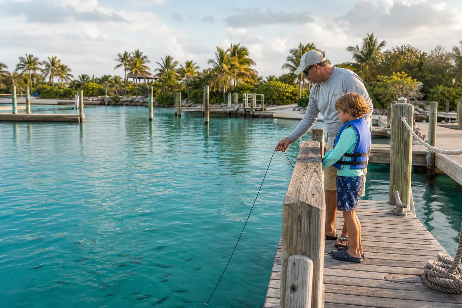 Family exploring clear tropical marina water with a generic underwater camera cable