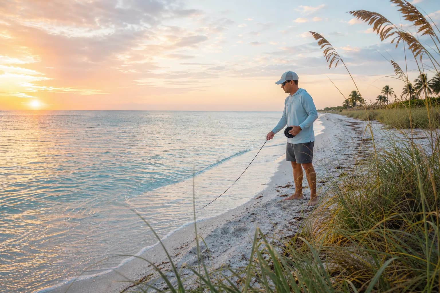 Angler deploying an underwater camera cable from a Florida beach at sunrise