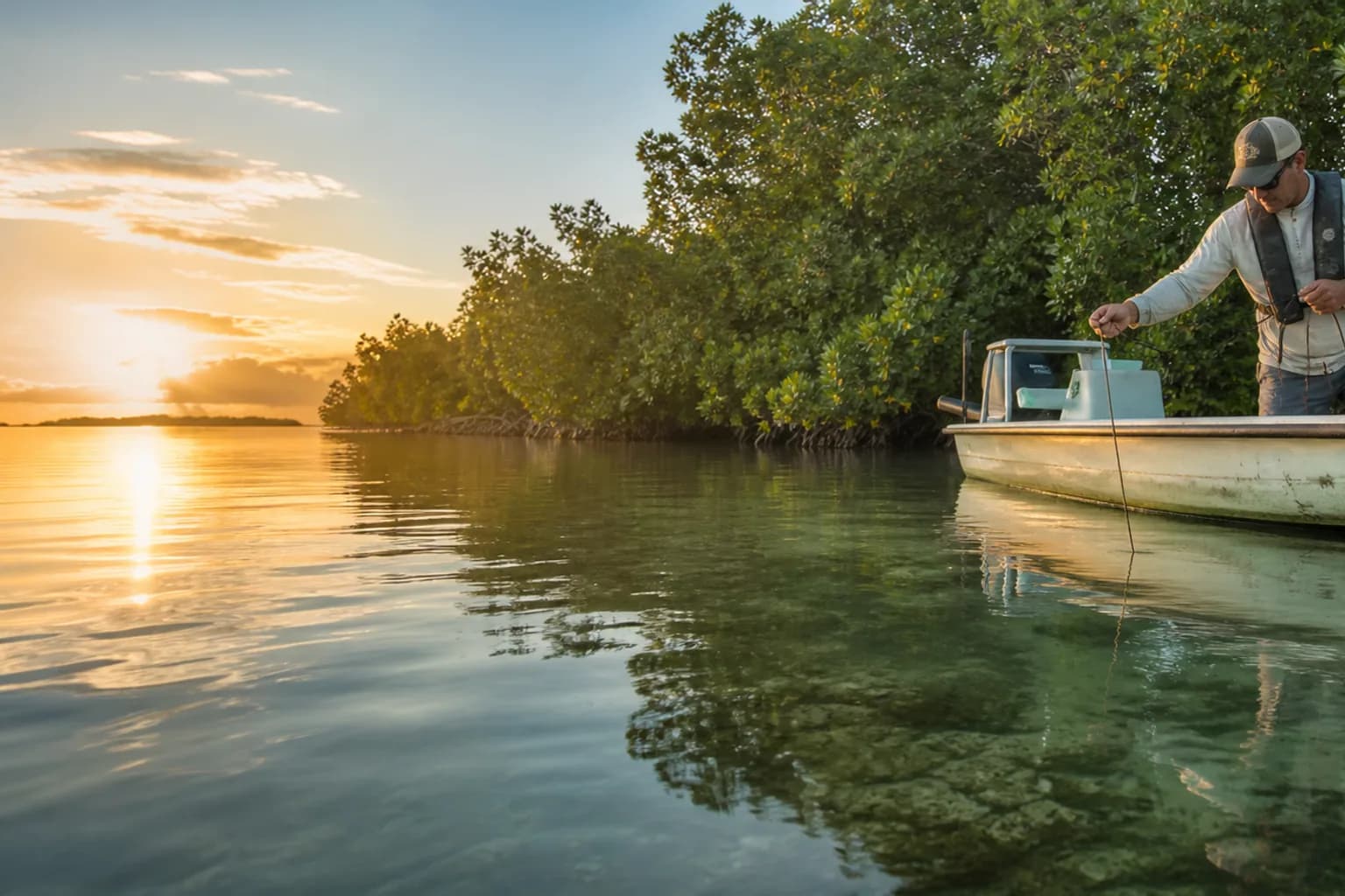 Anglers exploring a Florida mangrove estuary with an underwater camera at golden hour