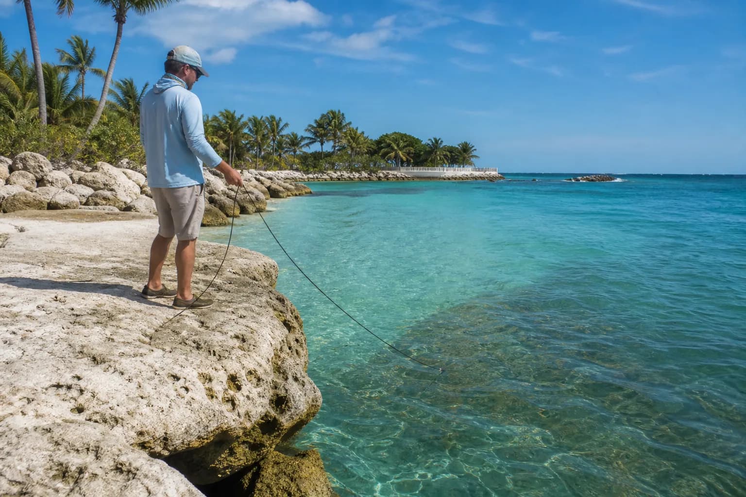 Angler deploying an underwater camera cable beside a palm-lined Florida inlet
