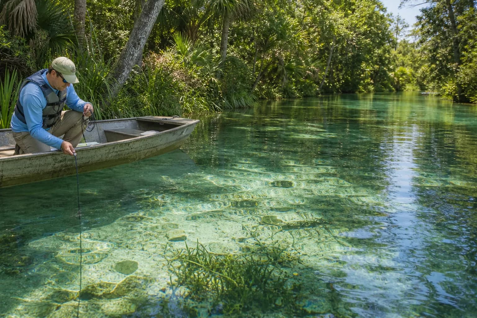 Anglers deploying an underwater camera cable from a jon boat on a clear Florida spring river