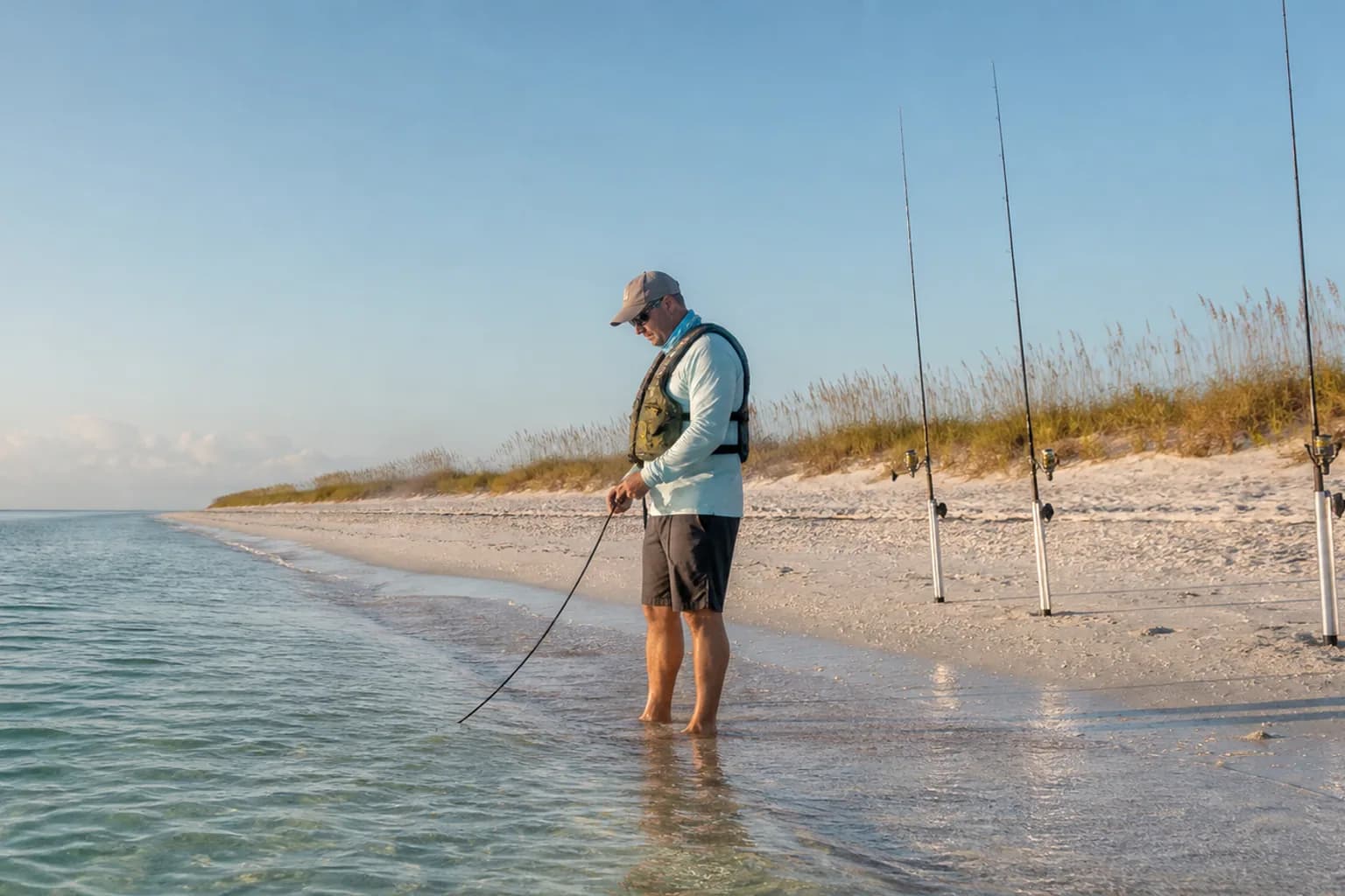 Florida surf angler guiding an underwater camera cable into clear coastal shallows