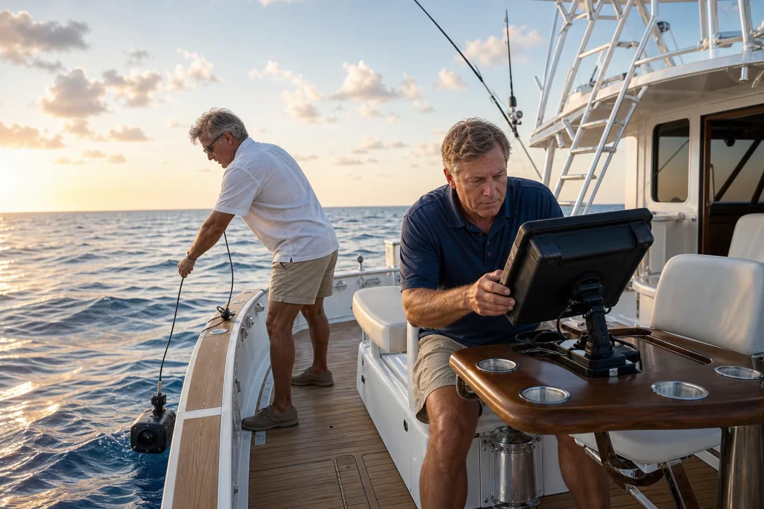 Experienced offshore anglers viewing a monitor and deploying an underwater camera from a premium fishing boat