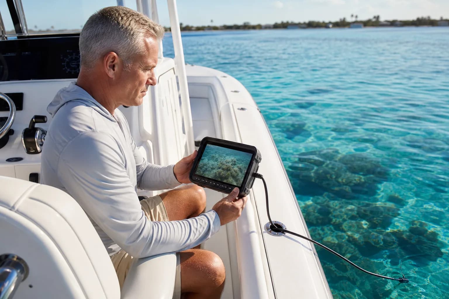 Mature angler viewing an underwater reef camera feed aboard a premium white Florida fishing boat