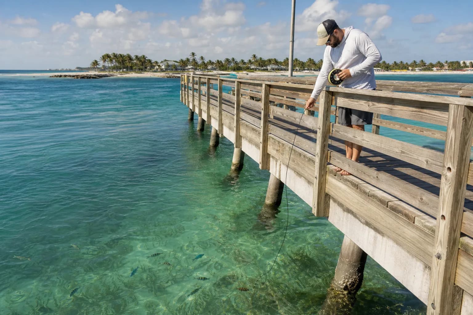 Angler lowering an underwater camera cable from a weathered Florida fishing pier