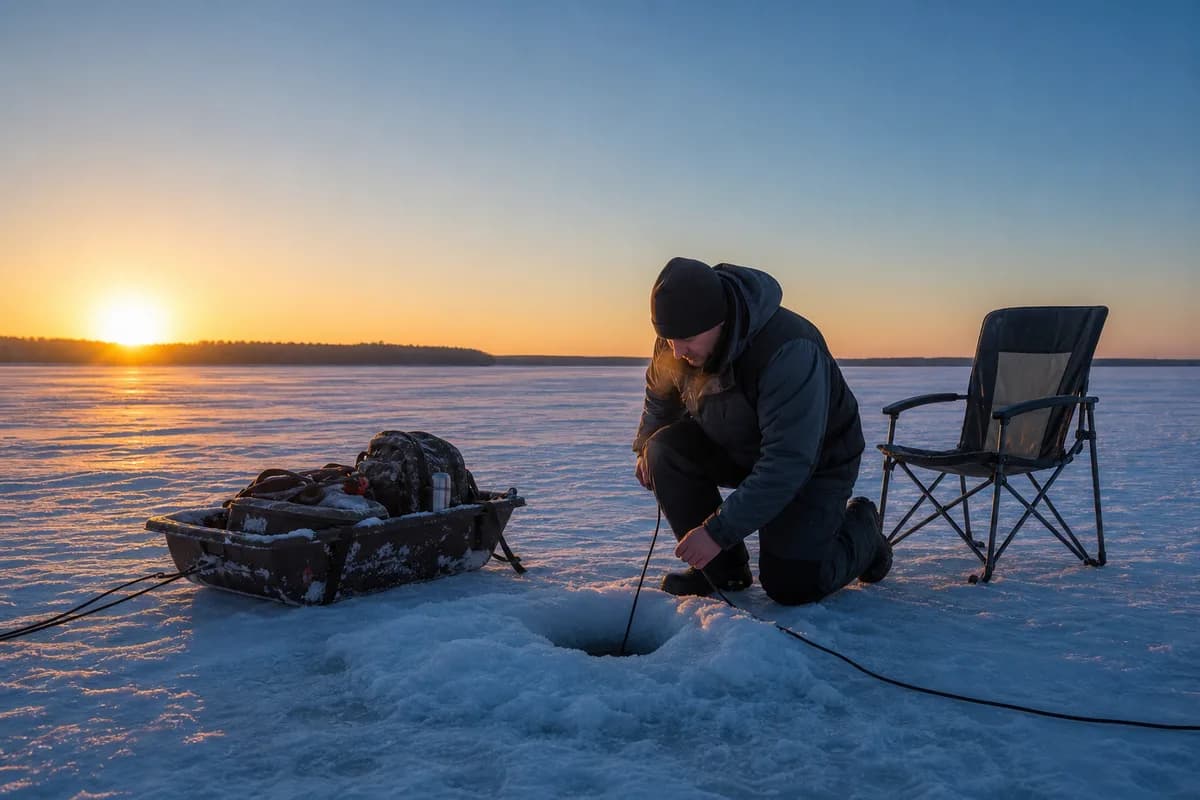 Editorial scene of an angler preparing an ice-fishing hole at sunrise