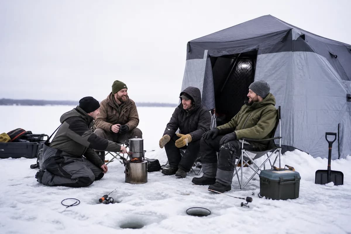 Editorial scene of anglers preparing an ice-fishing hole and camera cable